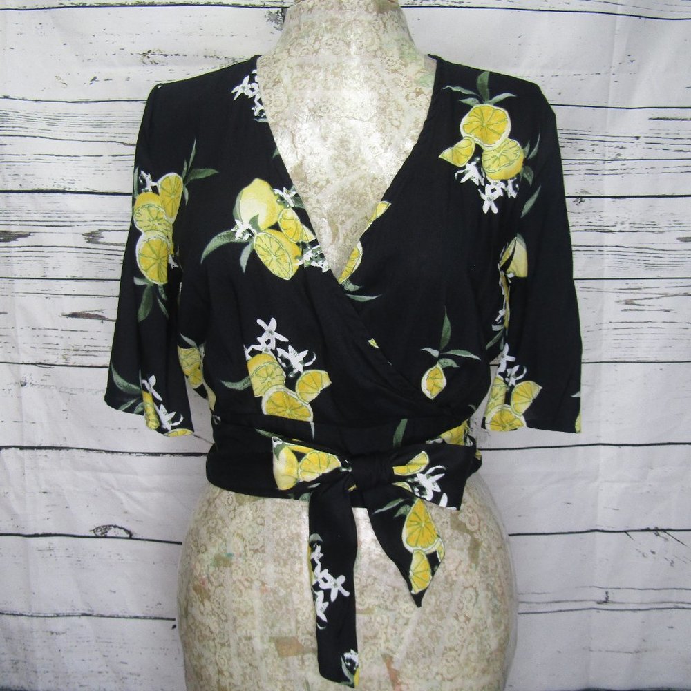 Black Lemon Print Surplice Top